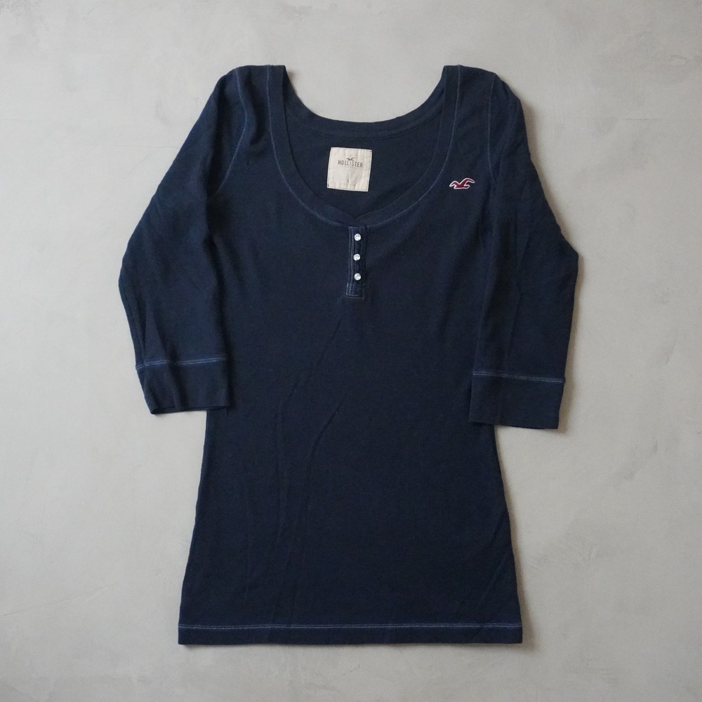 Hollister Henley Top Large Womens Blue Waffle Knit 3/4 Sleeve Scoop Neck Y2K